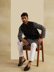 Men's Silk Blend Black Kurta and White Pyjama With Daman Embroidered Black Nehru Jacket