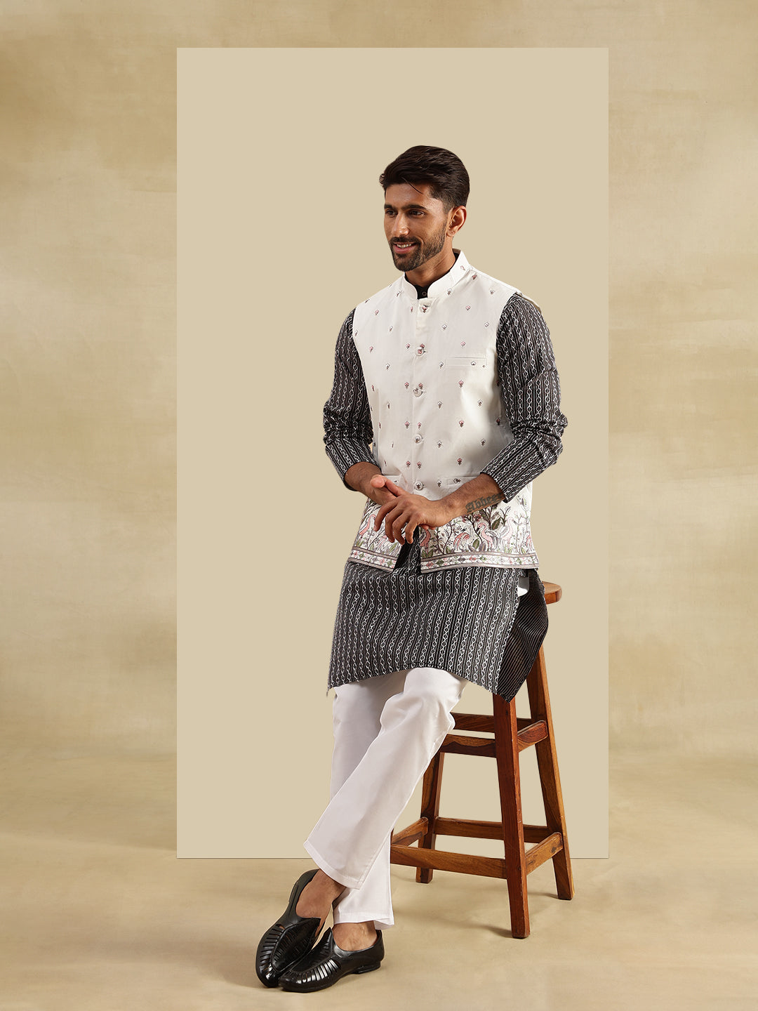 Men's Silk Blend Black Kurta & White Pyjama With Daman Embroidered Cream Nehru Jacket