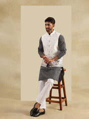Men's Silk Blend Black Kurta & White Pyjama With Daman Embroidered Cream Nehru Jacket