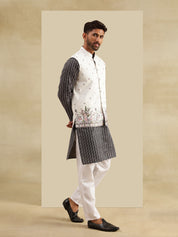 Men's Silk Blend Black Kurta & White Pyjama With Daman Embroidered Cream Nehru Jacket