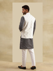 Men's Silk Blend Black Kurta & White Pyjama With Daman Embroidered Cream Nehru Jacket