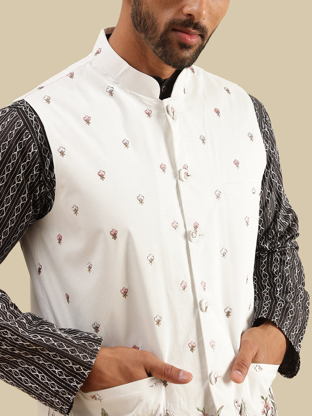 Men's Silk Blend Black Kurta & White Pyjama With Daman Embroidered Cream Nehru Jacket