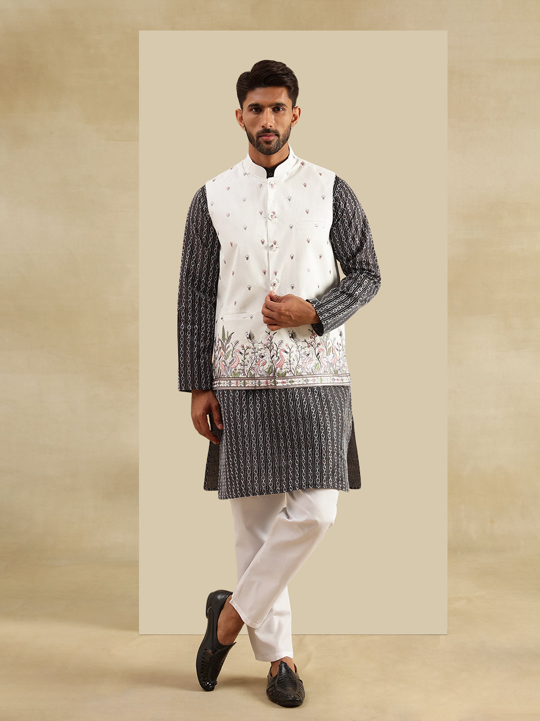 Men's Silk Blend Black Kurta & White Pyjama With Daman Embroidered Cream Nehru Jacket