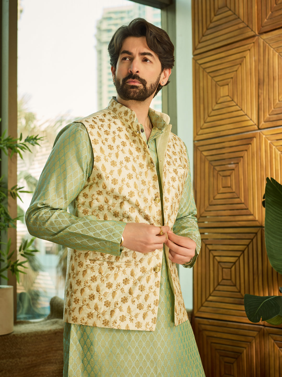 Men's Silk Blend Pista Green Kurta Pyjama & Cream Embroidered Nehrujacket