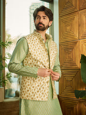 Men's Silk Blend Pista Green Kurta Pyjama & Cream Embroidered Nehrujacket