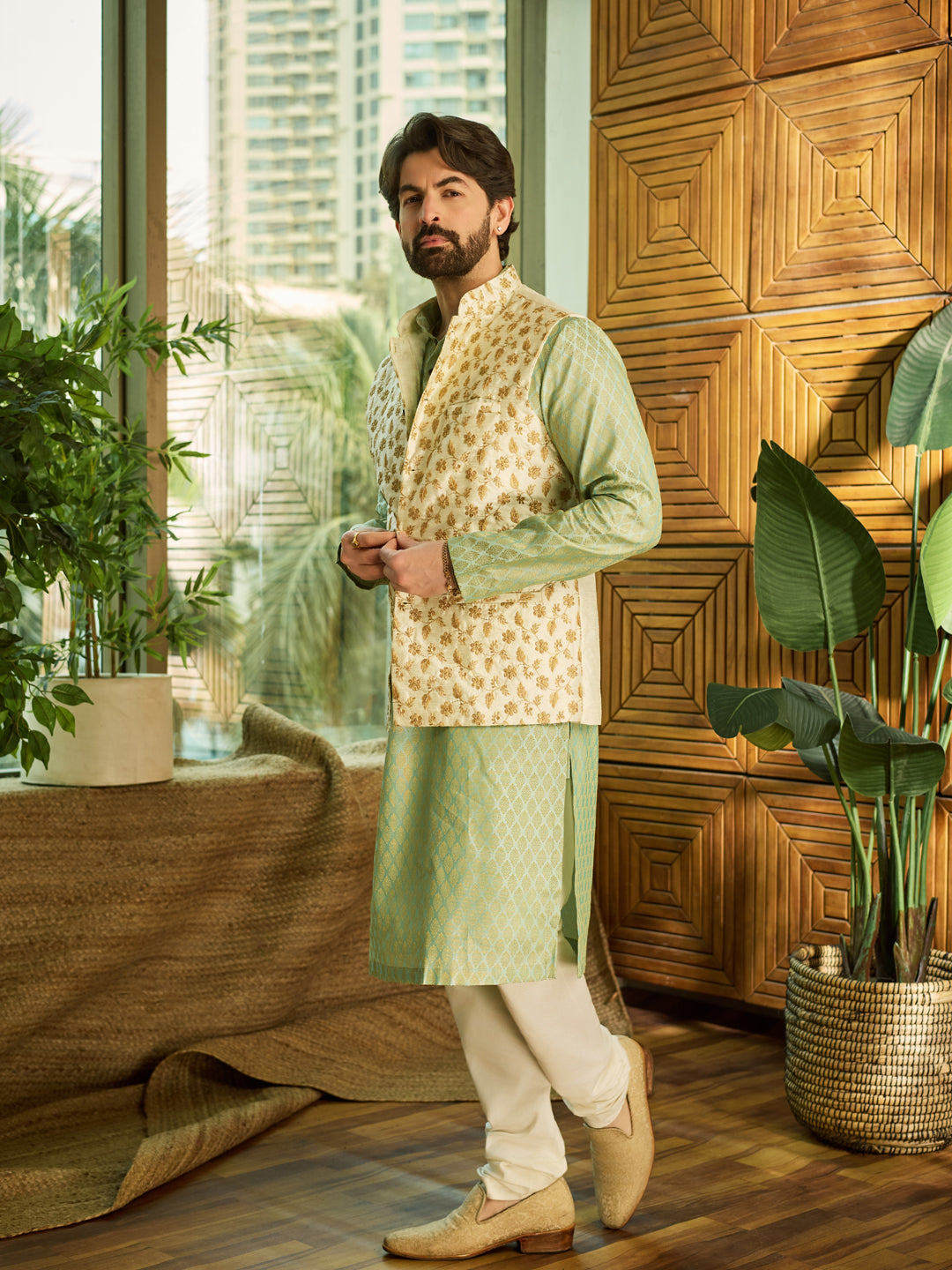 Men's Silk Blend Pista Green Kurta Pyjama & Cream Embroidered Nehrujacket
