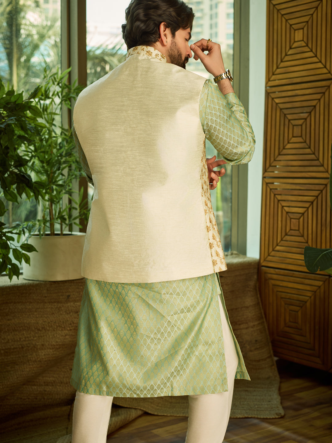 Men's Silk Blend Pista Green Kurta Pyjama & Cream Embroidered Nehrujacket