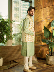Men's Silk Blend Pista Green Kurta Pyjama & Cream Embroidered Nehrujacket