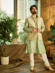Men's Silk Blend Pista Green Kurta Pyjama & Cream Embroidered Nehrujacket