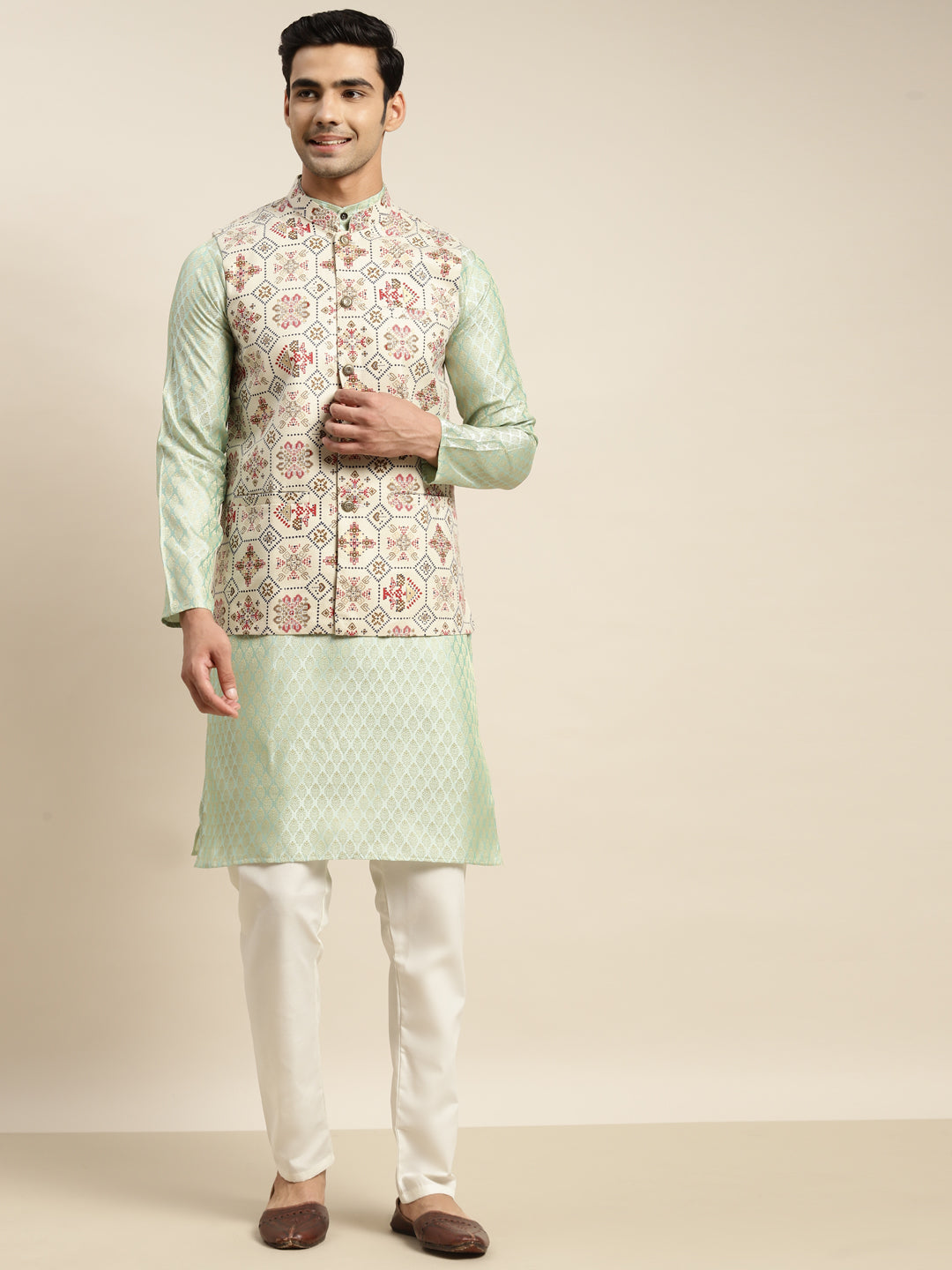 Men's Silk Blend Pista Green Kurta and Cream Pyjama With Cream Nehru Jacket