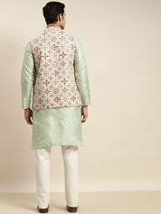 Men's Silk Blend Pista Green Kurta and Cream Pyjama With Cream Nehru Jacket