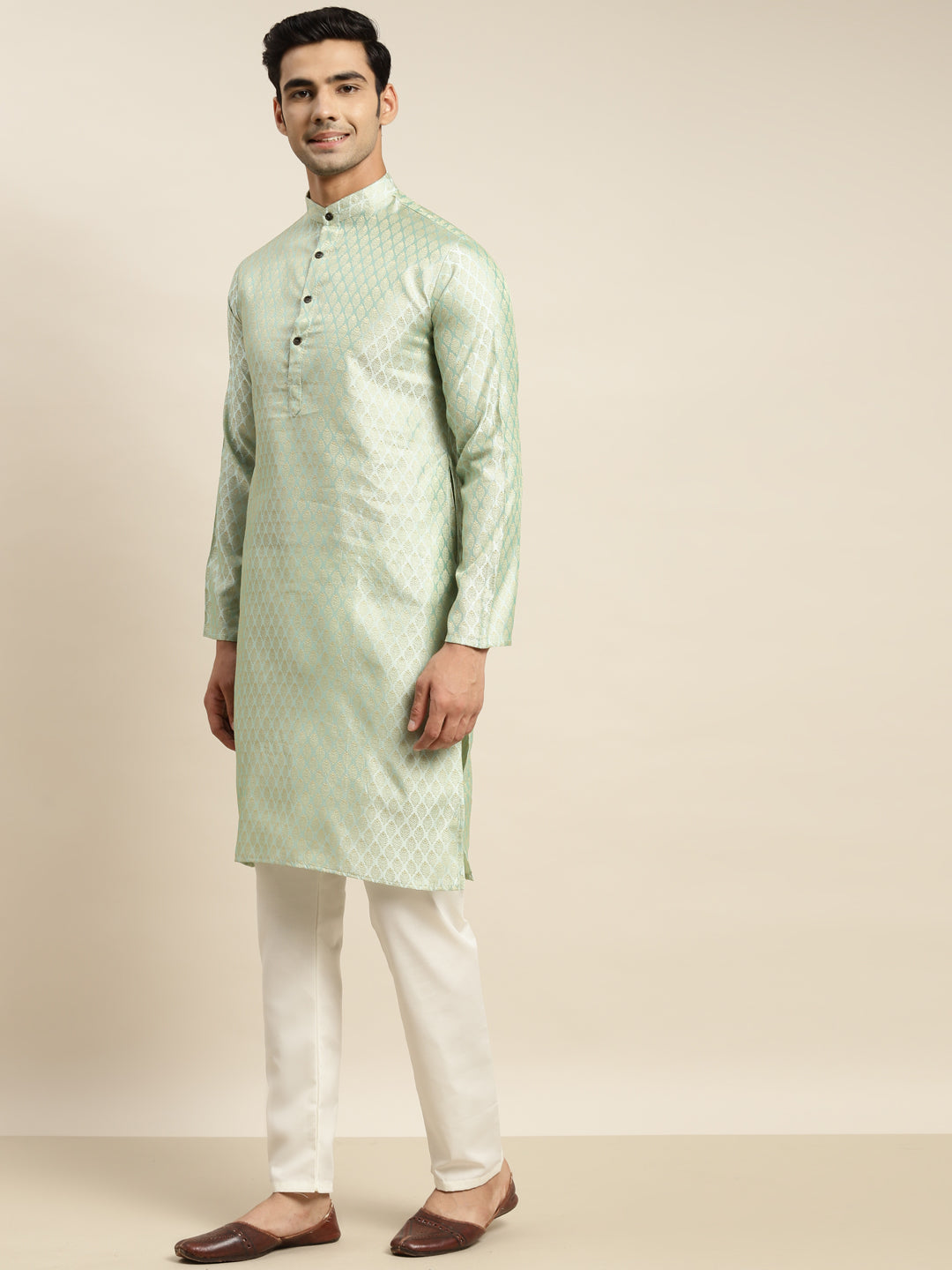 Men's Silk Blend Pista Green Kurta and Cream Pyjama With Cream Nehru Jacket