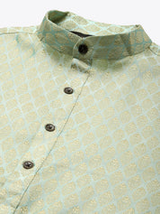 Men's Silk Blend Pista Green Kurta and Cream Pyjama With Cream Nehru Jacket