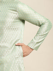 Men's Silk Blend Pista Green Kurta and Cream Pyjama With Cream Nehru Jacket