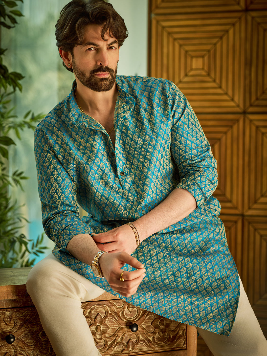 Men's Silk Blend Self design Peacock Blue Kurta With Cream Churidaar Pyjama