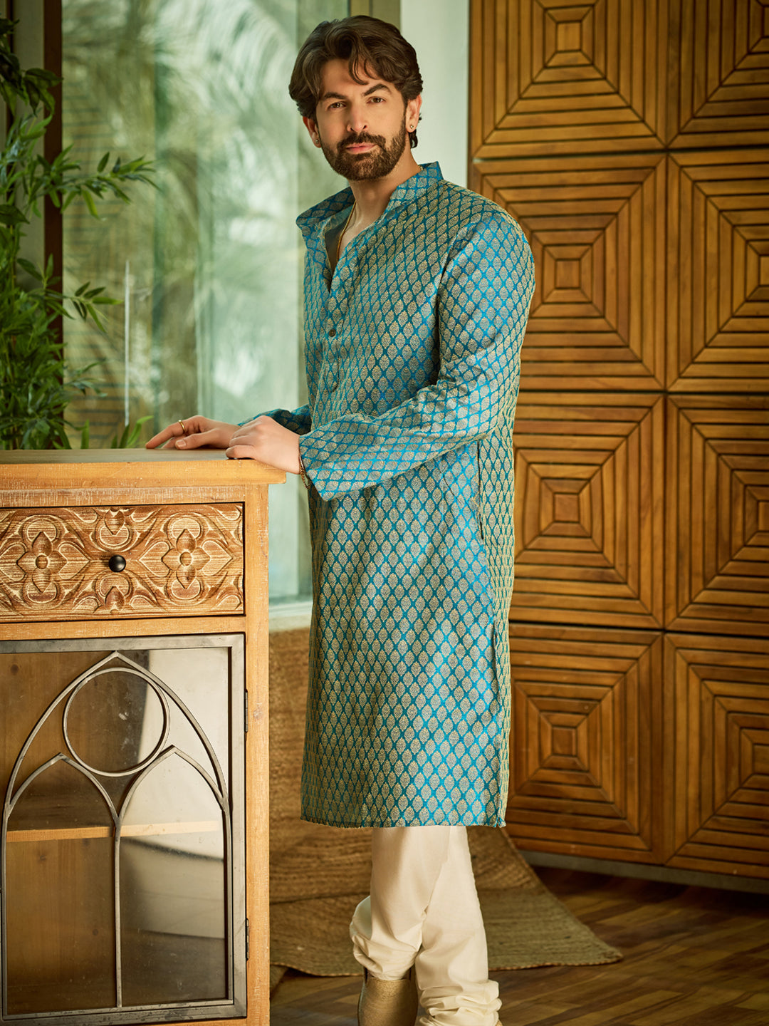 Men's Silk Blend Self design Peacock Blue Kurta With Cream Churidaar Pyjama
