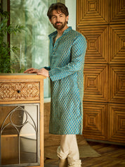 Men's Silk Blend Self design Peacock Blue Kurta With Cream Churidaar Pyjama