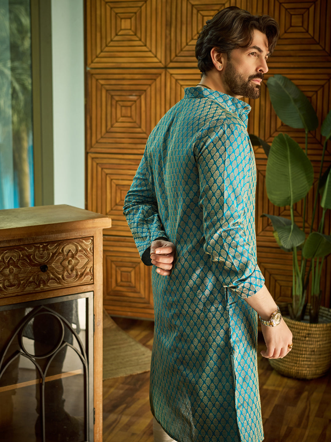 Men's Silk Blend Self design Peacock Blue Kurta With Cream Churidaar Pyjama