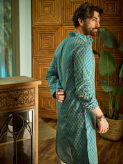 Men's Silk Blend Self design Peacock Blue Kurta With Cream Churidaar Pyjama