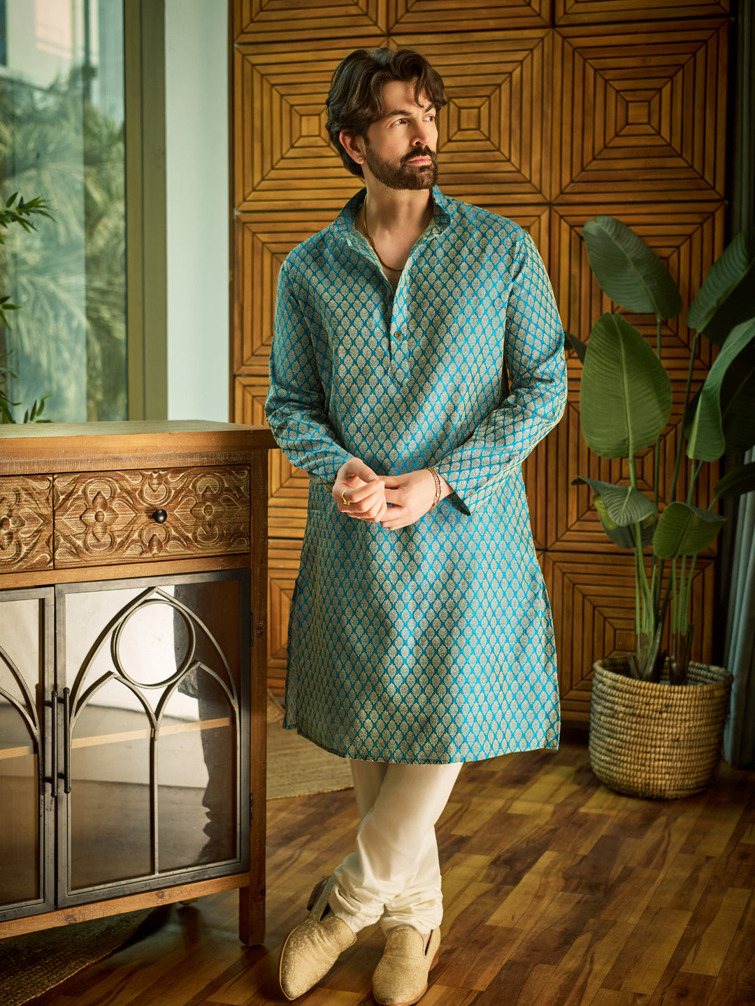 Men's Silk Blend Self design Peacock Blue Kurta With Cream Churidaar Pyjama