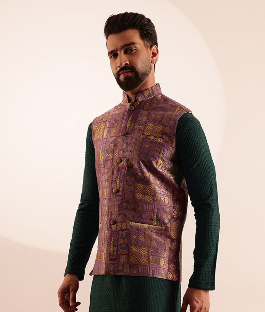 Men's Jacquard Silk Purple Nehru Jacket With Brocade Geometric Design