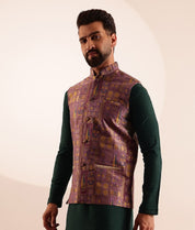 Men's Jacquard Silk Purple Nehru Jacket With Brocade Geometric Design