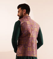 Men's Jacquard Silk Purple Nehru Jacket With Brocade Geometric Design