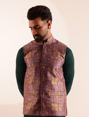 Men's Jacquard Silk Purple Nehru Jacket With Brocade Geometric Design