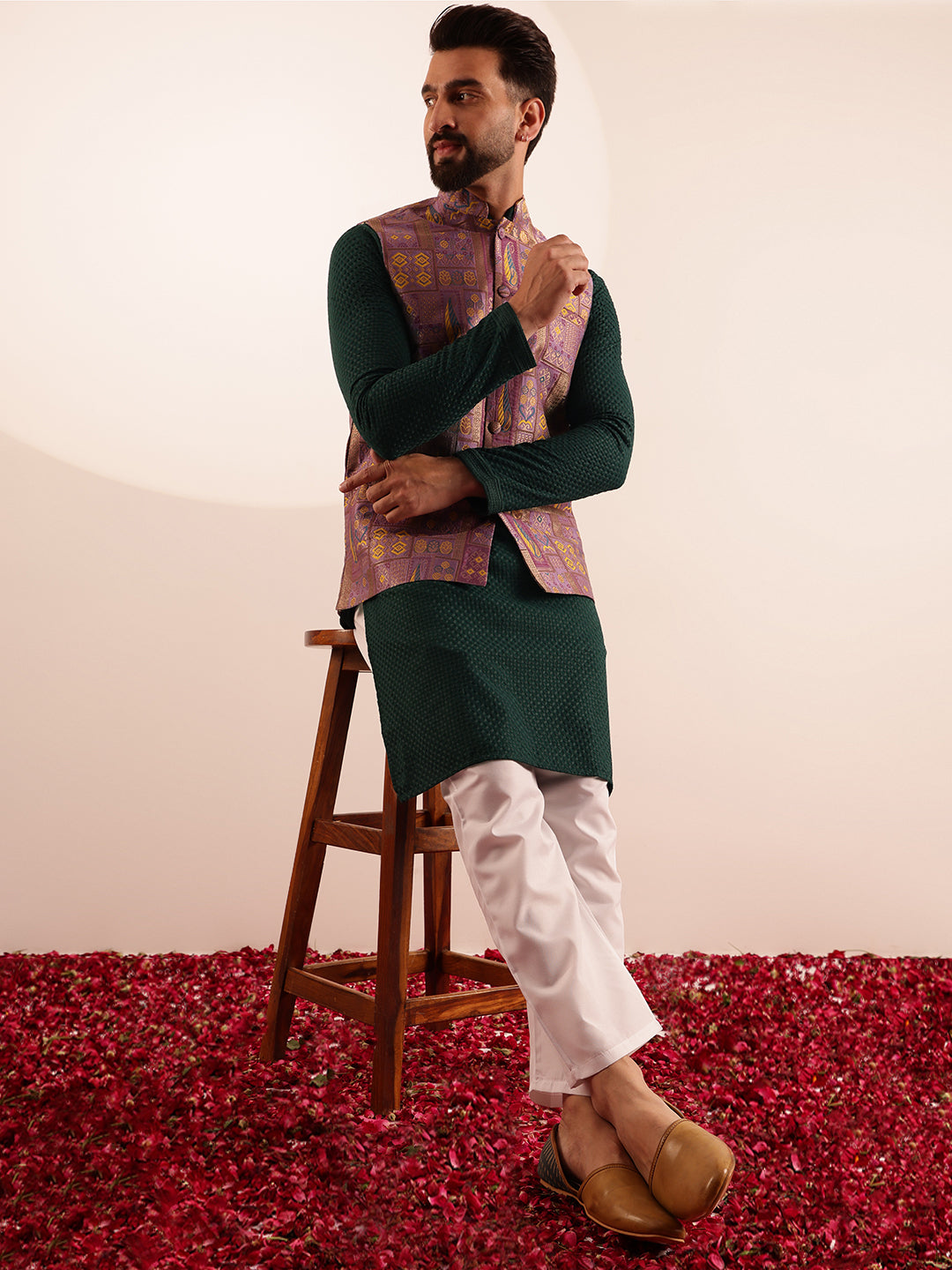 Men's Jacquard Silk Purple Nehru Jacket With Brocade Geometric Design