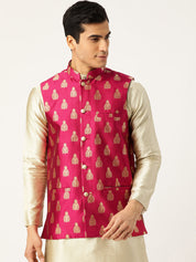 Mens Silk Blend Self Design Magenta Nehru Jacket