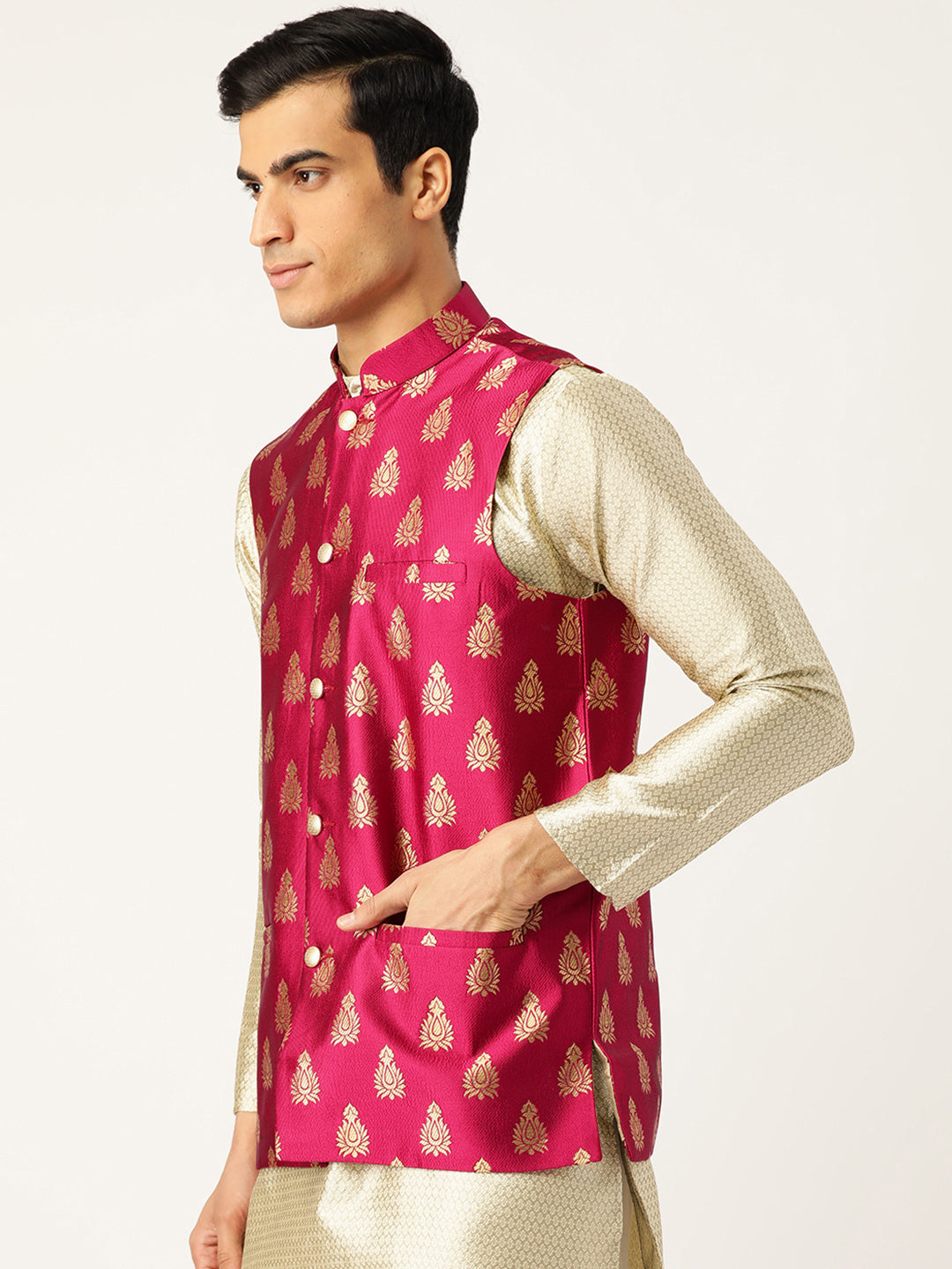 Mens Silk Blend Self Design Magenta Nehru Jacket