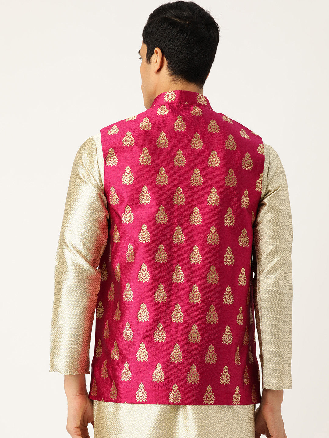 Mens Silk Blend Self Design Magenta Nehru Jacket