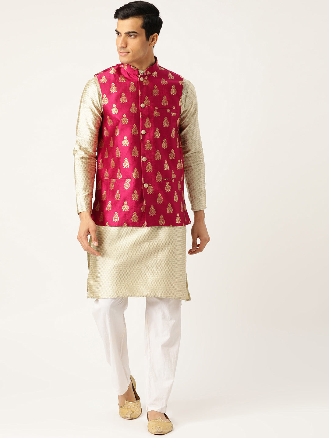 Mens Silk Blend Self Design Magenta Nehru Jacket