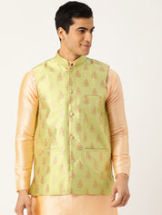 Mens Silk Blend Self Design Green Nehru Jacket