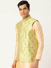 Mens Silk Blend Self Design Green Nehru Jacket