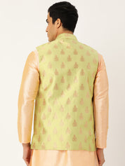 Mens Silk Blend Self Design Green Nehru Jacket