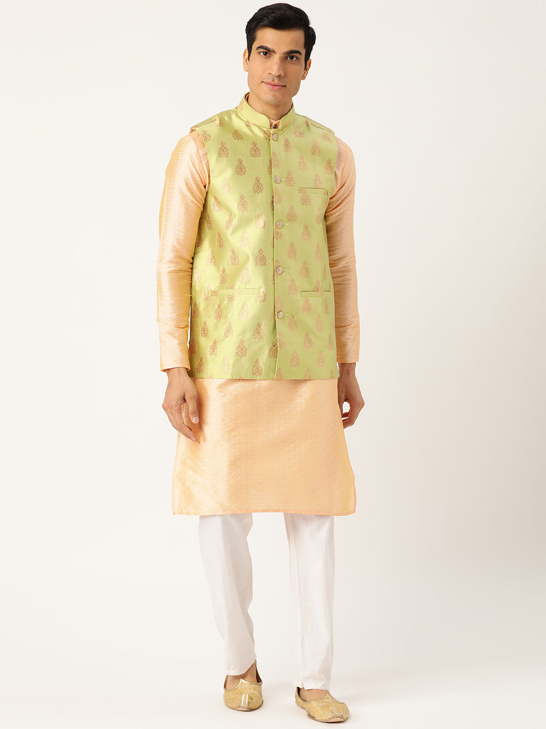 Mens Silk Blend Self Design Green Nehru Jacket