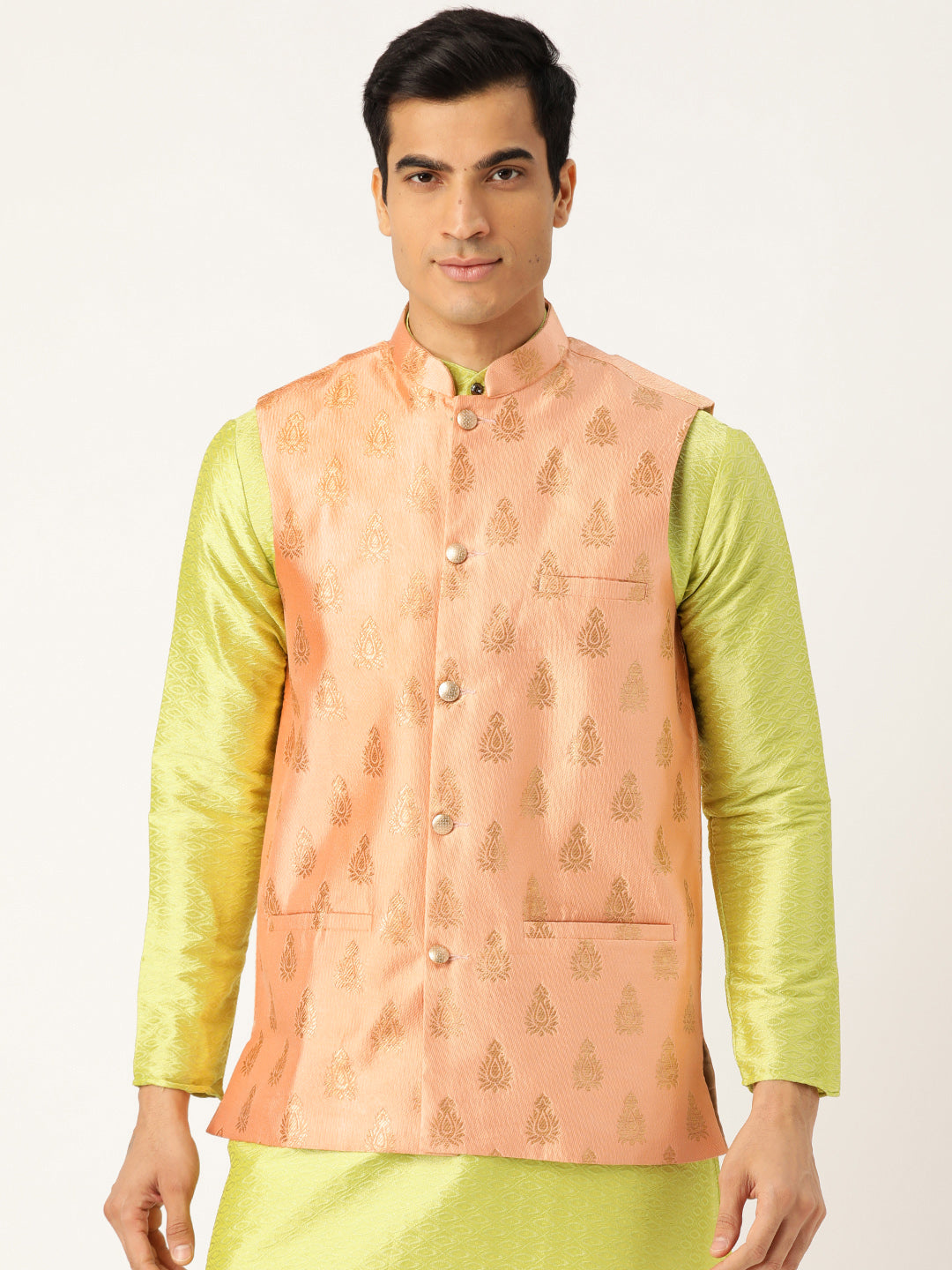 Mens Silk Blend Self Design Peach Nehru Jacket