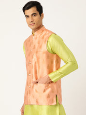 Mens Silk Blend Self Design Peach Nehru Jacket