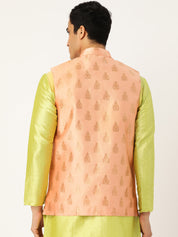 Mens Silk Blend Self Design Peach Nehru Jacket