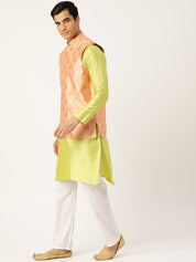 Mens Silk Blend Self Design Peach Nehru Jacket