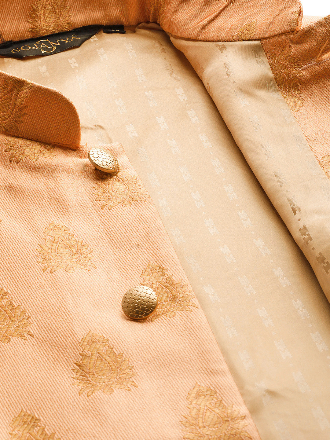 Mens Silk Blend Self Design Peach Nehru Jacket