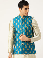 Mens Silk Blend Self Design Teal Blue Nehru Jacket