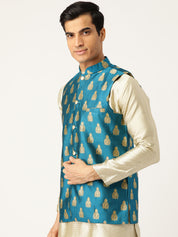 Mens Silk Blend Self Design Teal Blue Nehru Jacket