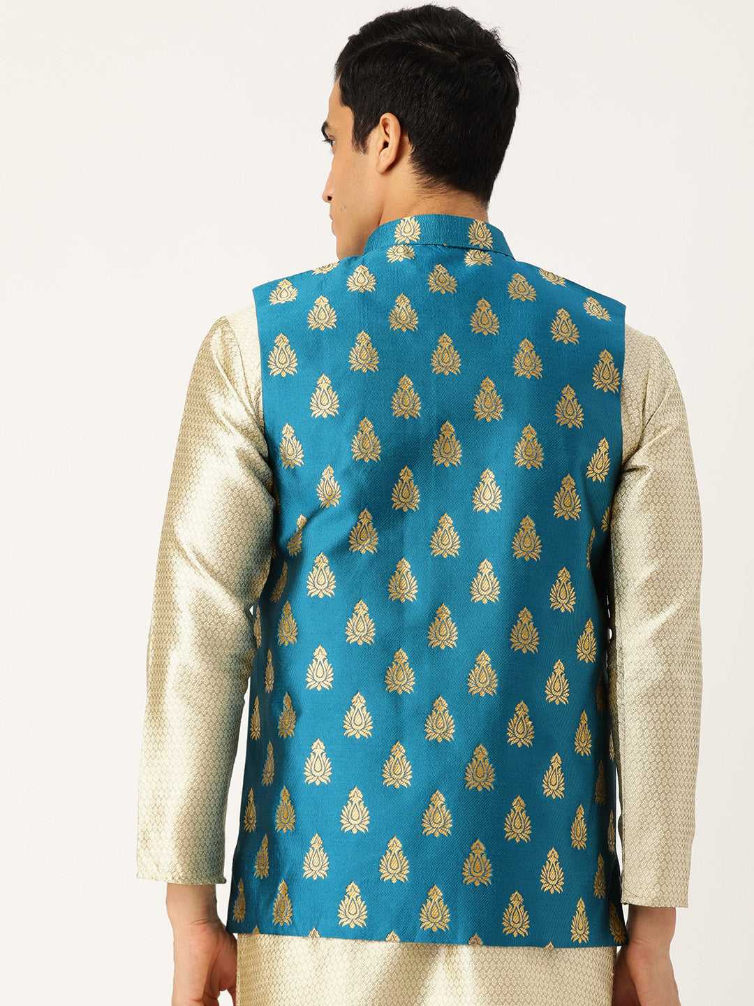 Mens Silk Blend Self Design Teal Blue Nehru Jacket