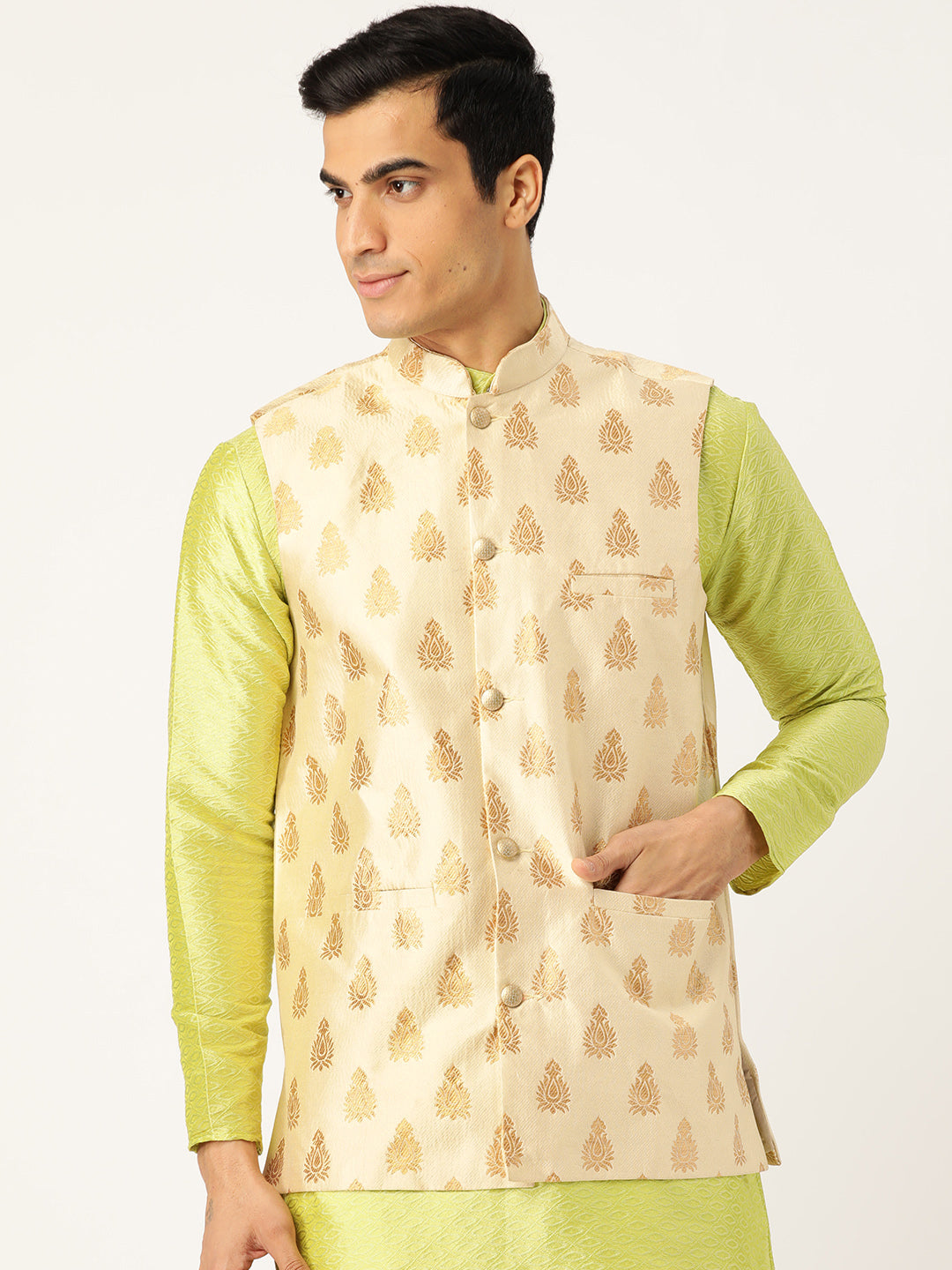 Mens Silk Blend Self Design Beige Nehru Jacket