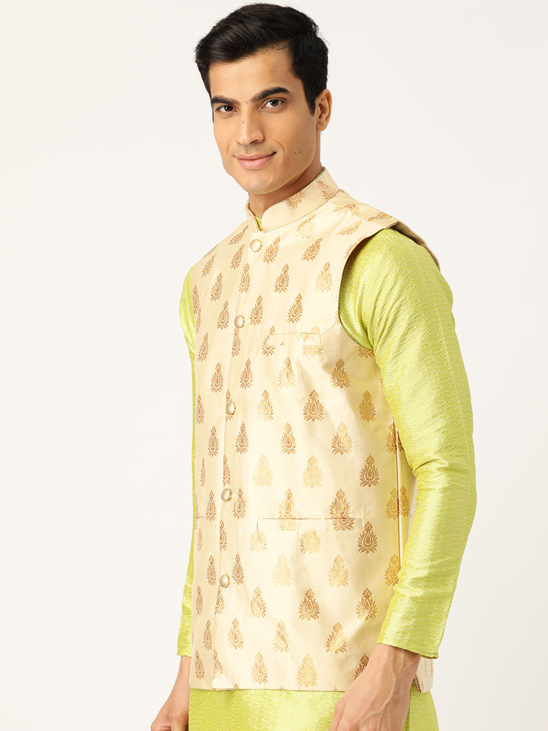 Mens Silk Blend Self Design Beige Nehru Jacket