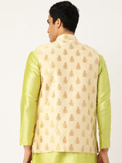 Mens Silk Blend Self Design Beige Nehru Jacket