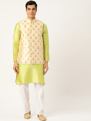 Mens Silk Blend Self Design Beige Nehru Jacket