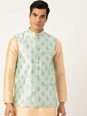 Mens Silk Blend Self Design Sea Green Nehru Jacket